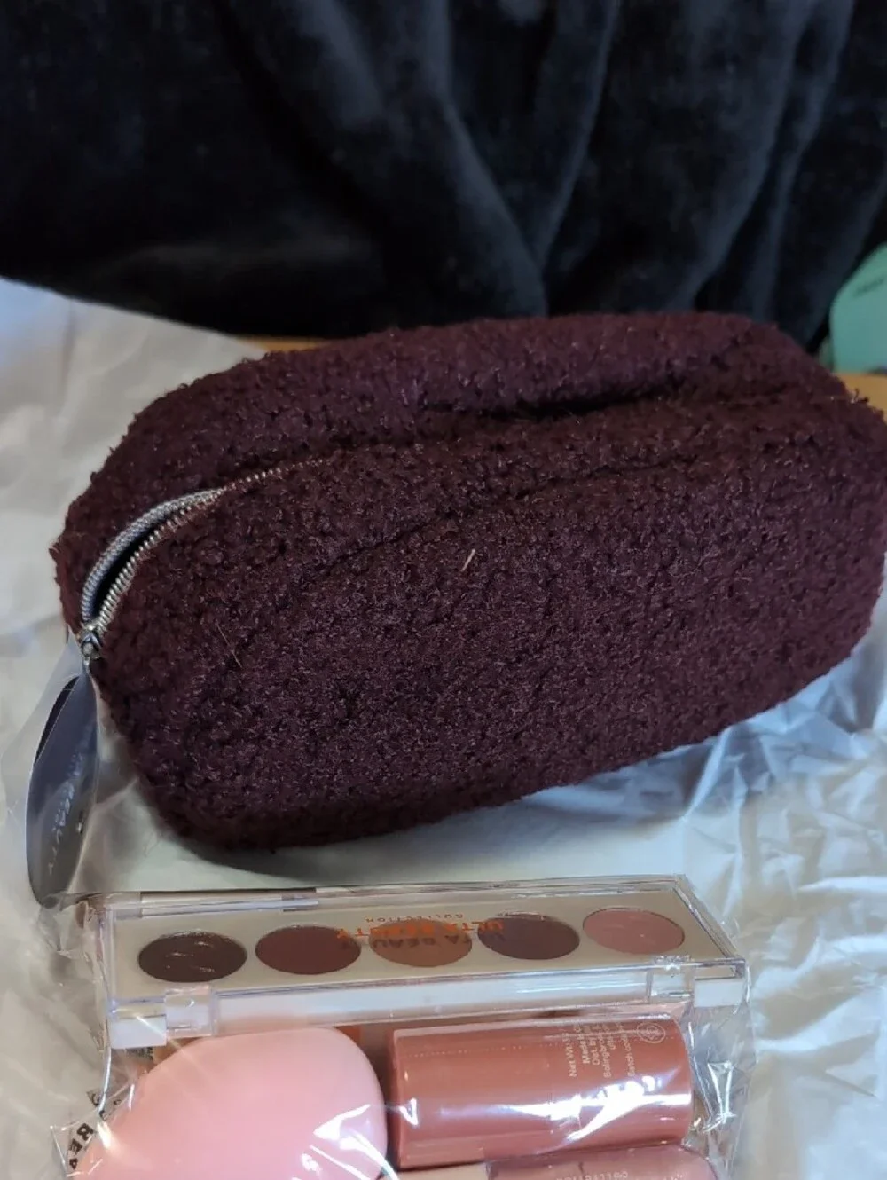 Ulta Beauty Plum Cosmetic Bag with Neutral Eyeshadow Palette & Pink Sponge